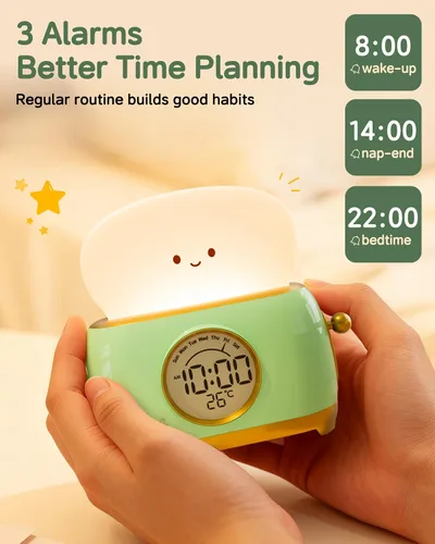 Miniatura 3 de Reloj Despertador para Niños, Lindo Reloj Despertador con Luz Nocturna de Tostada para Dormitorios, Reloj de Escritorio LED Pequeño Recargable