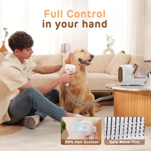 Miniatura 6 de HEAPETS Kit de aseo para mascotas con vacío - Aspiradora de 3L con 7 herramientas, cortapelos eléctrico de bajo ruido y cepillo para la muda