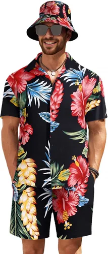 COOFANDY Conjunto de camisa hawaiana y pantalón corto para hombre, traje de playa de 2 piezas con sombreros de pescador
