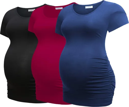 Bearsland - 3 Camisetas de maternidad para mujer, camisetas clásicas de manga corta con lateral fruncido para madres, ropa de embarazo