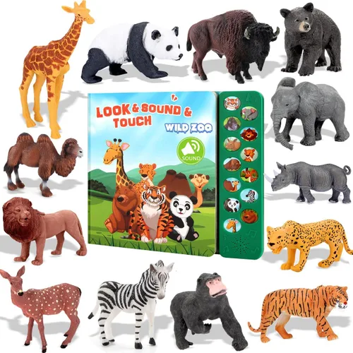 Tudoccy Juguetes de figuras de animales de safari - 13 figuras realistas de animales salvajes de plástico y libro de sonido para niños - juguetes