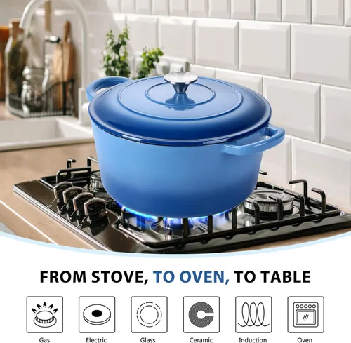 Miniatura 4 de E-far Horno holandés de hierro fundido esmaltado de 6 cuartos con tapa, olla redonda holandesa antiadherente para estofar, guisos, asar, hornear Azul