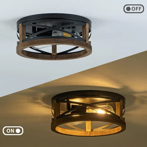 Miniatura 8 de Lámpara de Techo Estilo Granja, Lámpara de Techo Empotrada Redonda de 2 Luces con Marco de Madera y Metal, Luminaria Rústica Negra para Pasillo