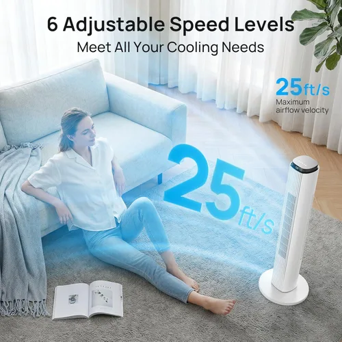 Miniatura 3 de ZAFRO Ventilador de torre para dormitorio, ventilador de piso silencioso de 28 dB con 4 modos, 6 velocidades, oscilación de 90°, control remoto