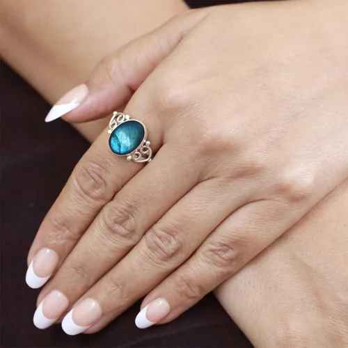 Miniatura 3 de Boho - Anillo de plata de ley 925 con piedras preciosas naturales de cuarzo rosa, perla, ámbar, lapislázuli ovalado