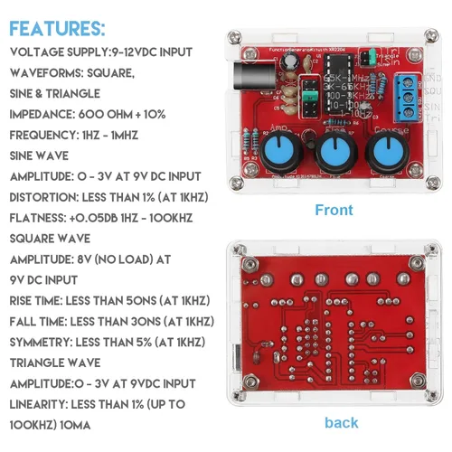 Miniatura 2 de Kit generador de señal, XR2206, generador de señal de función precisa, módulo de frecuencia, kit de bricolaje, triángulo sinusoidal, salida