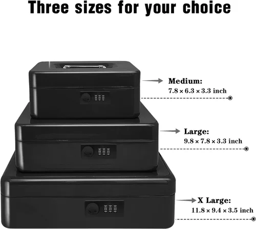 Miniatura 3 de Caja de efectivo de acero seguro con cerradura de combinación y bandeja extraíble, organizador de dinero de metal para uso doméstico y oficina Negro