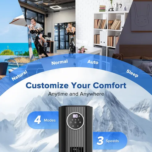 Miniatura 2 de Electactic Ventilador de torre para dormitorio, ventilador de pie de 25 pies/s, ventilador oscilante de 85° con control remoto, 3 velocidades, 4