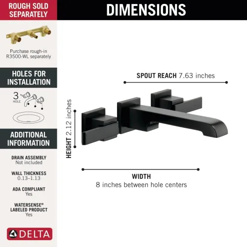 Miniatura 3 de Delta Ara - Grifo de baño de montaje en pared de 2 orificios, llave de fregadero de baño negro mate para tocador, negro mate, T3567LF-BLWL