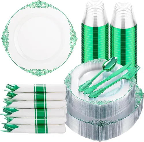 Miniatura 26 de Hioasis 175 platos de plástico verde transparente, elegante juego de vajilla desechable adecuado para 25 invitados, incluye platos de cena de 10.25