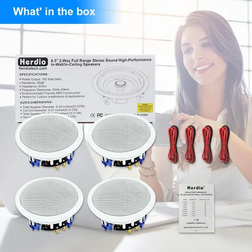 Miniatura 6 de Herdio Altavoces de techo de 6.5 pulgadas, 640 vatios, montaje empotrado de 2 vías, pasivo para oficina, cocina, sala de estar (4 altavoces)