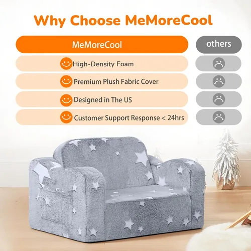 Miniatura 6 de MeMoreCool Silla de sofá para niños Glow Star – Tumbona plegable 2 en 1, color gris, sofá convertible para sala de juegos o guardería, asiento