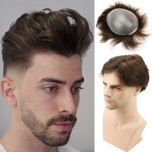 Miniatura 10 de Voloria Postizo humano virgen europeo para hombre tupé ultra transparente piel fina PU piezas de pelo de repuesto 10"x8" tamaño base #21 color rubio