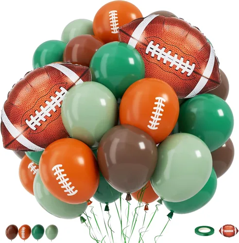 Globos de fútbol, globo de látex marrón salvia de 12 pulgadas con globos de papel de aluminio impresos de fútbol, decoraciones de fiesta de fútbol