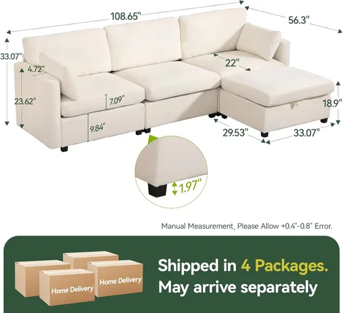 Miniatura 2 de Sofá modular de 109 pulgadas, sofá en forma de L con otomana de almacenamiento, cómodo sofá nube con asiento profundo, sofás seccionales Beige