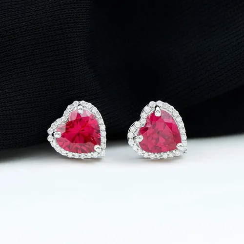 Miniatura 2 de 3.5 CT Lab Created Ruby and Moissanite Earrings, Created Ruby Stud Earrings with Moissanite Halo, Created Ruby Heart Stud Earrings, 14K Solid Gold