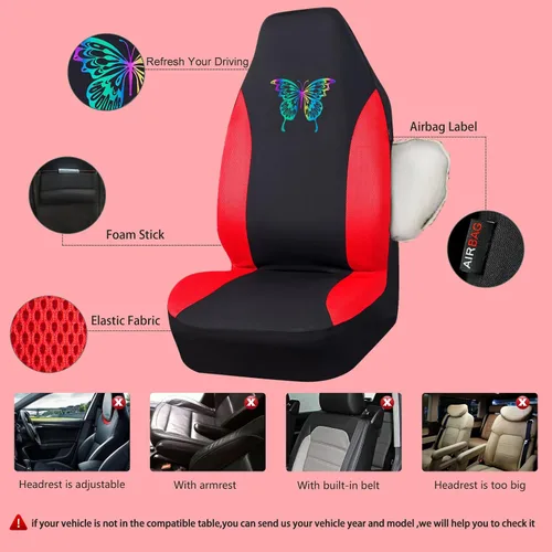 Miniatura 3 de Fundas de asiento delantero de malla de aire 3D color rojo, fundas de asiento reflectantes de mariposa coloridas, compatibles con bolsas de aire