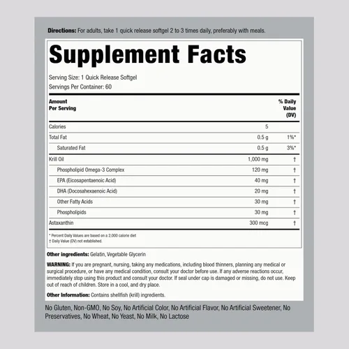 Miniatura 2 de Piping Rock Aceite de krill 1000 mg cápsulas blandas 60 unidades Suplemento para mujeres y hombres con Omega 3, astaxantina, EPA, DHA Sin