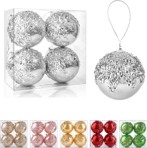 Adornos de bola de Navidad colgantes de 4 piezas en plata, decoraciones de bolas de Navidad irrompibles para árboles, decoraciones para bodas,