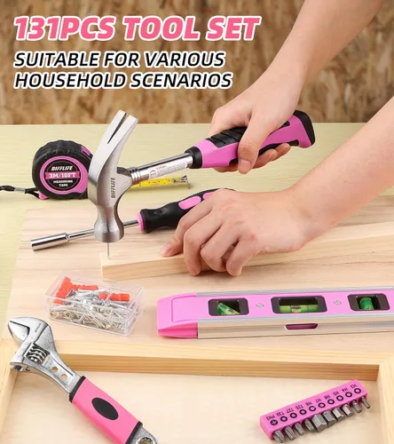 Miniatura 7 de Juego de herramientas rosadas, 131 piezas, color rosa, para mujeres, kit de herramientas manuales para el hogar con caja de herramientas de plástico