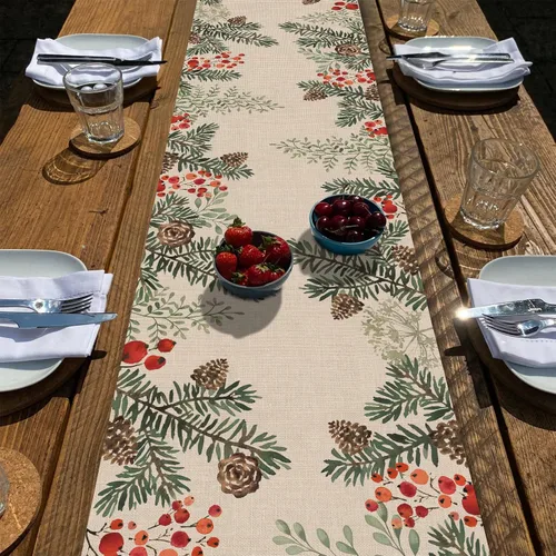 Seliem Camino de Mesa de Rama de Aguja de Piña de Pino de Invierno con Bayas, Bufanda de Mesa Botánica de Acuarela, Decoración de Plantas para Hogar