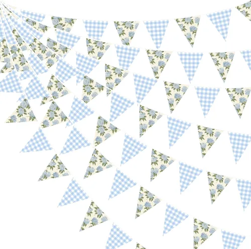 Miniatura 10 de Decoraciones náuticas costeras de 32 pies para fiestas de playa, lazo azul, estrellas de mar, conchas de mar, banderines de tela con banderines