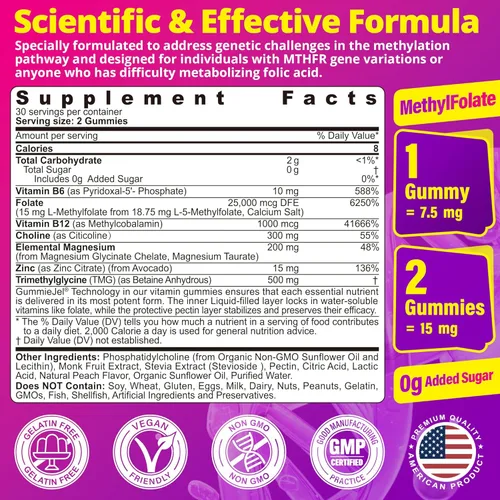 Miniatura 2 de Gomitas L-metilfolato de 15 mg 7.5 mg y B12 1000 mcg, complejo B metilado + TMG, magnesio, colina - activo 5-MTHF (B9) + metil B12, B6