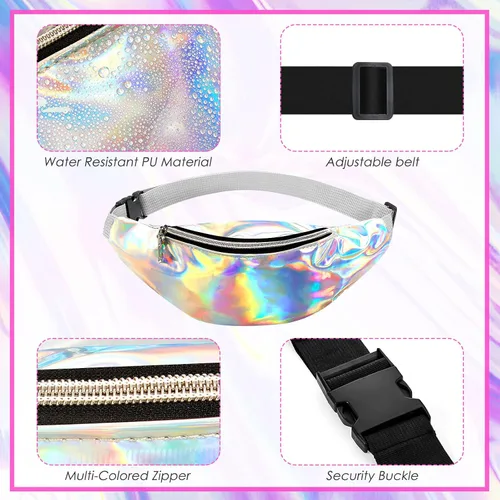 Miniatura 3 de Riñonera holográfica de 12 piezas para mujeres y niños cintura deportiva de color metálico cintura brillante con cinturones ajustables