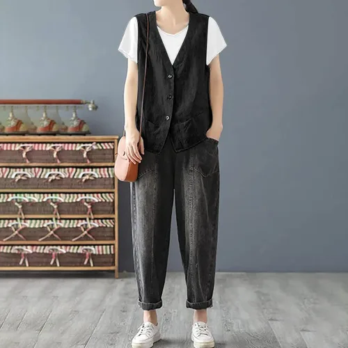 Miniatura 8 de COTECRAM Chaleco de lino de algodón para mujer, casual, sin mangas, con botones, ligero, para verano, holgado, ropa de abrigo