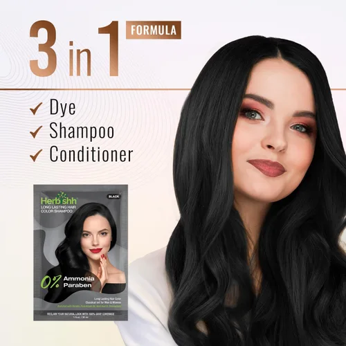 Miniatura 4 de Herbishh Paquete de Viaje Champú Tinte para el Cabello en Sobre + 1 Sobre de Mascarilla Capilar de Argán (Negro, 1 sobre)