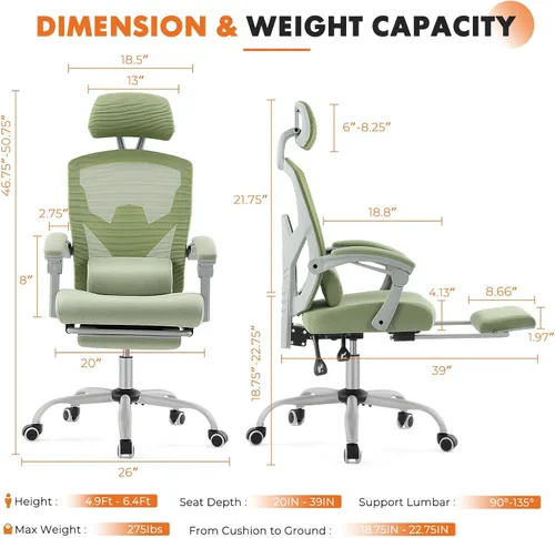 Miniatura 2 de Silla de oficina para computadora Sweetcrispy, sillas giratorias ergonómicas de malla con respaldo alto para trabajo con ruedas, soporte lumbar Verde