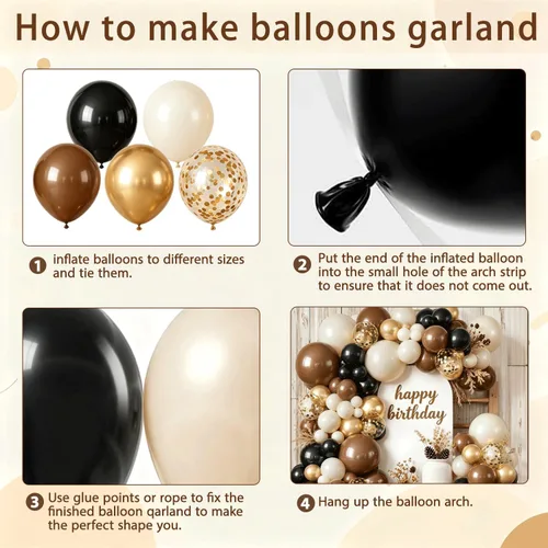 Miniatura 3 de Kit de arco de globos marrones y negros, globos de color blanco arena, dorado, negro, marrón, marrón, beige, dorado, con guirnalda de globos