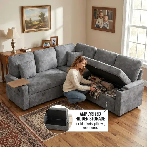 Miniatura 7 de Sofá modular de 81 pulgadas, sofá cama de 5 plazas en forma de L con cama extraíble, almacenamiento oculto, portavasos y puertos de carga USB, sofás