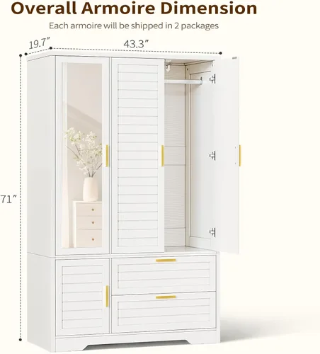 Miniatura 10 de Armario Armario con espejo – Armario de almacenamiento de ropa de madera de 71 pulgadas, Armario con puertas y 2 cajones, Armarios independientes