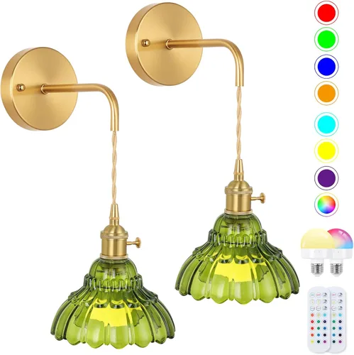 Miniatura 28 de Aplique de Pared Operado por Batería, Apliques de Pared para Interiores no Cableados Apliques de Pared con Pantalla de Vidrio Verde Profundo con RGB