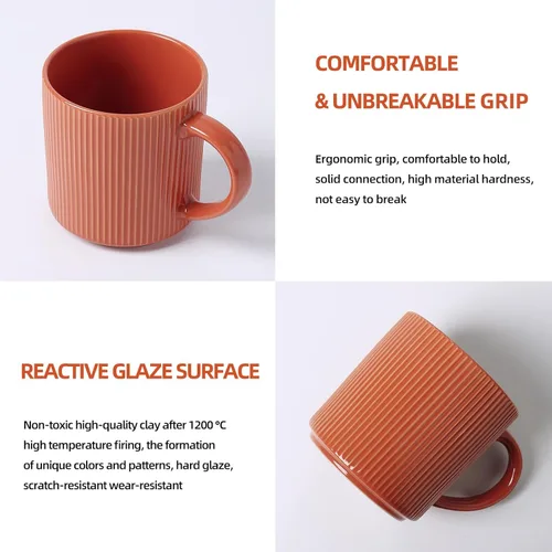 Miniatura 6 de MONITO Juego de 4 tazas de café de 16 onzas, tazas de café rústicas de cerámica con asa grande, tazas de café de gres vintage a rayas para leche