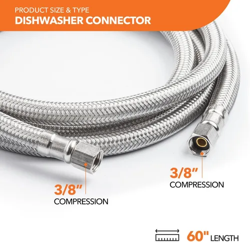 Miniatura 3 de Kit de instalación universal para lavavajillas, compresión de 3/8 pulgadas, manguera de acero inoxidable trenzada de 5 pies de largo + codo
