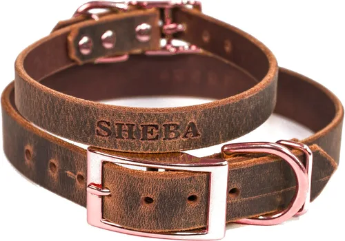 Miniatura 15 de Collar de cuero personalizado hecho a mano para perro con bridón grabado con el nombre de la mascota, herrajes en tono cobre/oro rosa (negro)