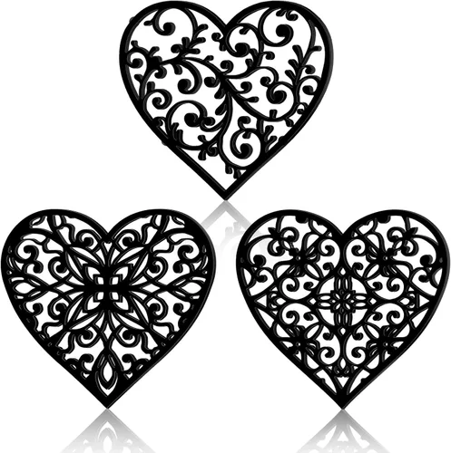 Lyrow Juego de 3 salvamanteles de hierro fundido con forma de corazón, soportes de metal para platos calientes, diseño vintage, regalo para encimera