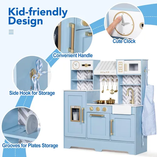 Miniatura 3 de BRINJOY Cocina de Juguete para Niños, Juego de Cocina de Madera para Niños con Cafetera, Horno, Estufa, Fregadero, Delantal, Máquina de Hielo, Azul