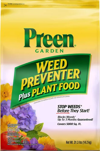 Preen Garden Weed Preventer Plus Plant Food 31.3 lb. Bolsa - Fertilizante granular multiusos con control de malezas preemergente para jardines -