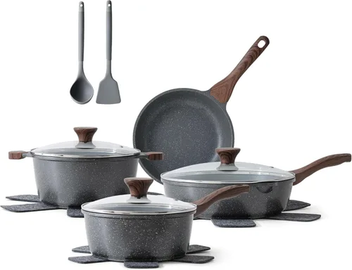 SENSARTE Juego de utensilios de cocina antiadherentes de 13 piezas, ollas y sartenes antiadherentes con revestimiento de granito suizo, juego de Gris