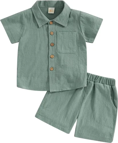 Hoanselay Conjunto de pantalones cortos de lino de algodón para bebé, color sólido, manga corta, con botones, camiseta y pantalones cortos, ropa de