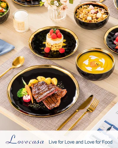 Miniatura 4 de LOVECASA Juego de 12 piezas de platos y cuencos, vajilla de porcelana negra y dorada, platos de cena redondos, juego de vajilla para 4 personas