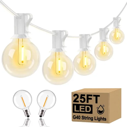 Miniatura 12 de Cadena de luces para exteriores de 50 pies con bombillas G40, luces impermeables para patio con 27 bombillas LED inastillables (2 repuestos)