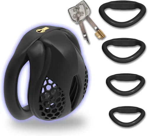 Miniatura 11 de Jaula para el pene impresa en 3D con 4 anillos curvos a presión, pequeños dispositivos de castidad de panal para hombres, SM Fetiche Extreme