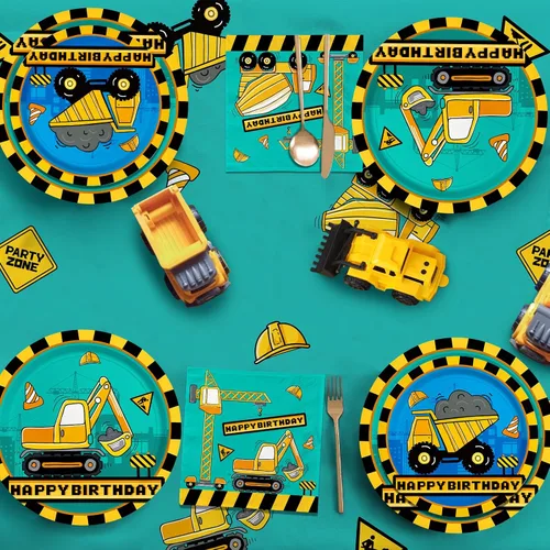 Miniatura 4 de Kit de suministros para fiesta de cumpleaños de construcción, platos de papel desechables, servilletas, vasos, mantel y pancarta, decoraciones