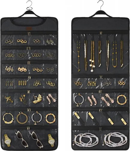 SMRITI Organizador de joyas colgante con bolsillos dobles con cremallera, lona de doble cara giratoria para colgar collares, organizador de pared