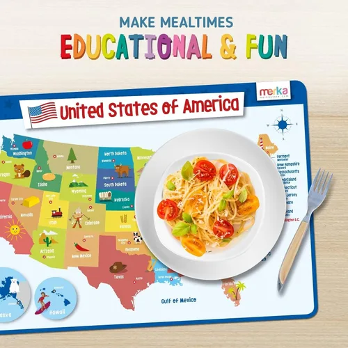 Miniatura 8 de merka Manteles individuales de silicona para niños, manteles individuales reutilizables de mapa geográfico de Estados Unidos y las capitales