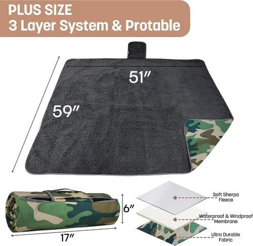 Miniatura 5 de Tirrinia Manta impermeable para exteriores con forro sherpa, resistente al viento, triple capa, cálida y cómoda, plegable para camping, estadio